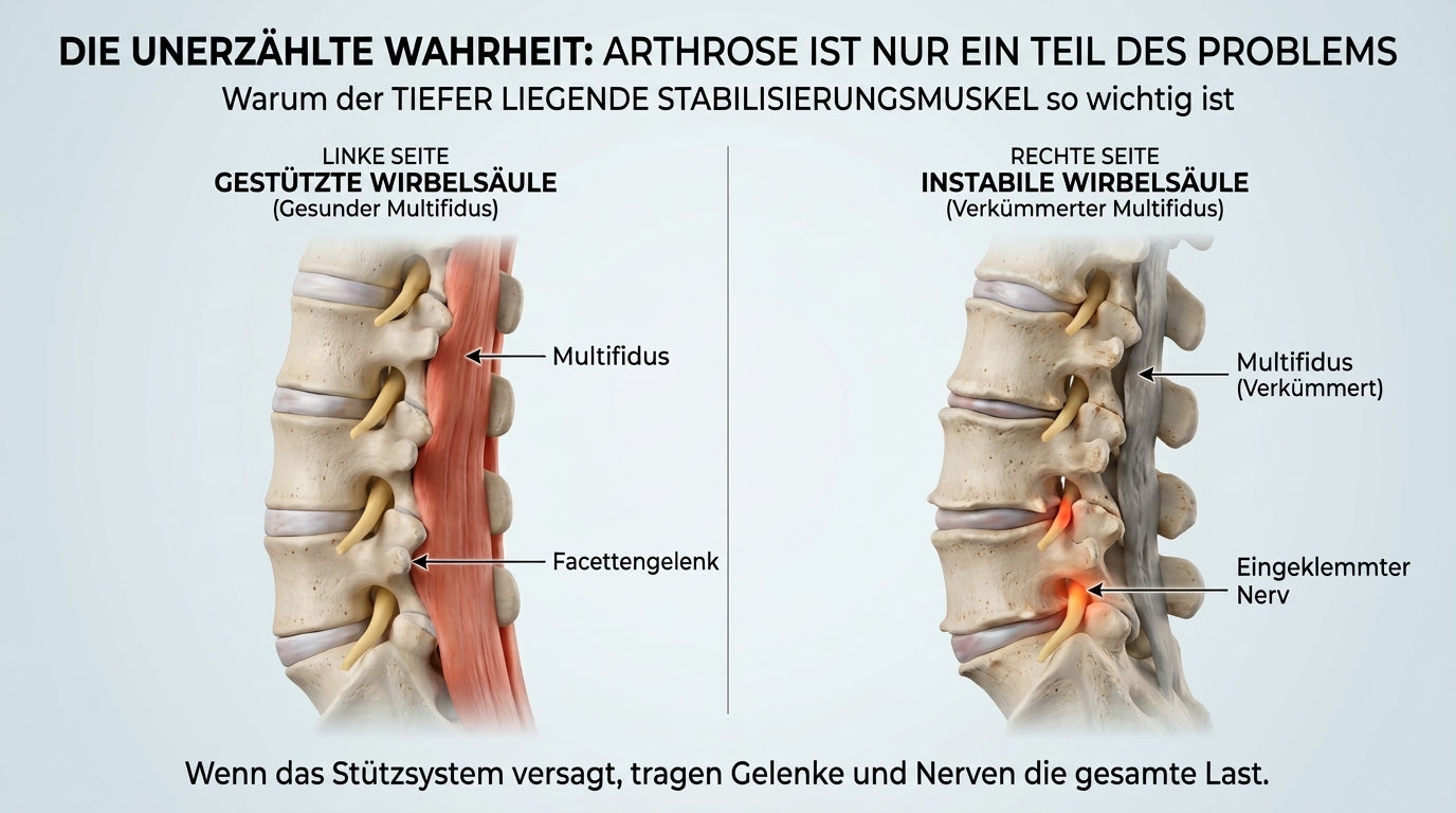 Vergleich: gestützte Wirbelsäule mit gesundem Multifidus gegenüber instabiler Wirbelsäule mit verkümmertem Multifidus und eingeklemmtem Nerv