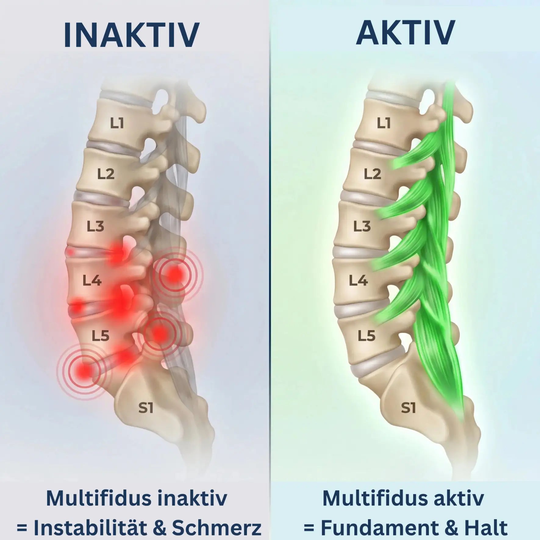 Vergleich: inaktiver Multifidus mit Schmerzpunkten entlang L3-S1 gegenüber aktivem, kräftigem Multifidus als Fundament der Wirbelsäule